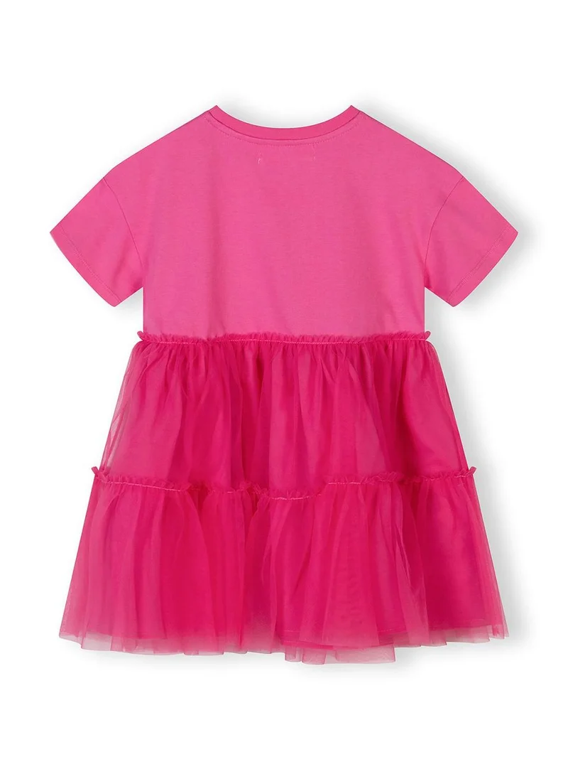 MINOTI Girls jersey dress pink tulle layered skirt crochet flower